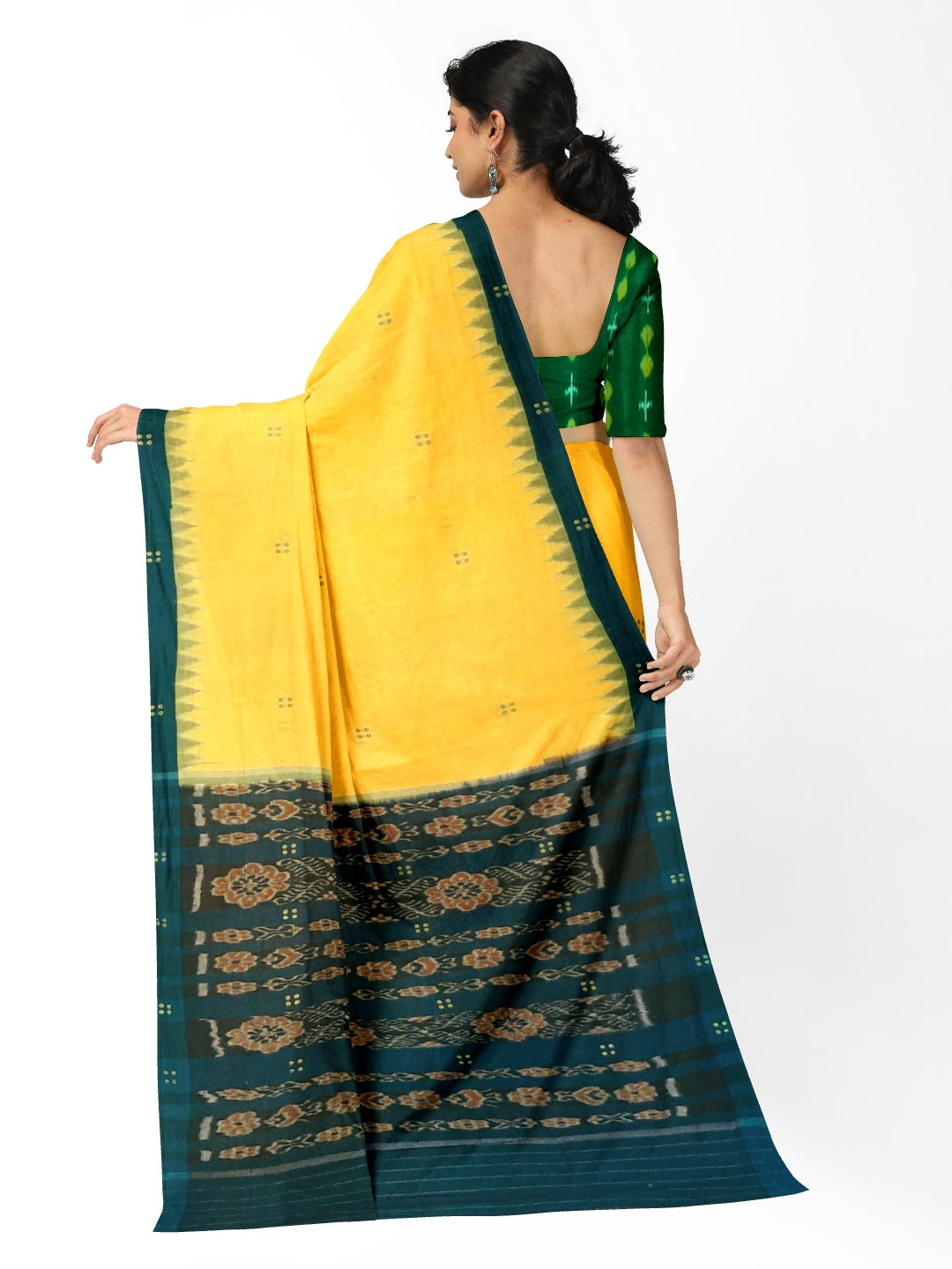 Yellow with Green coloured Odisha Ikat saree  with cotton ikat blouse piece