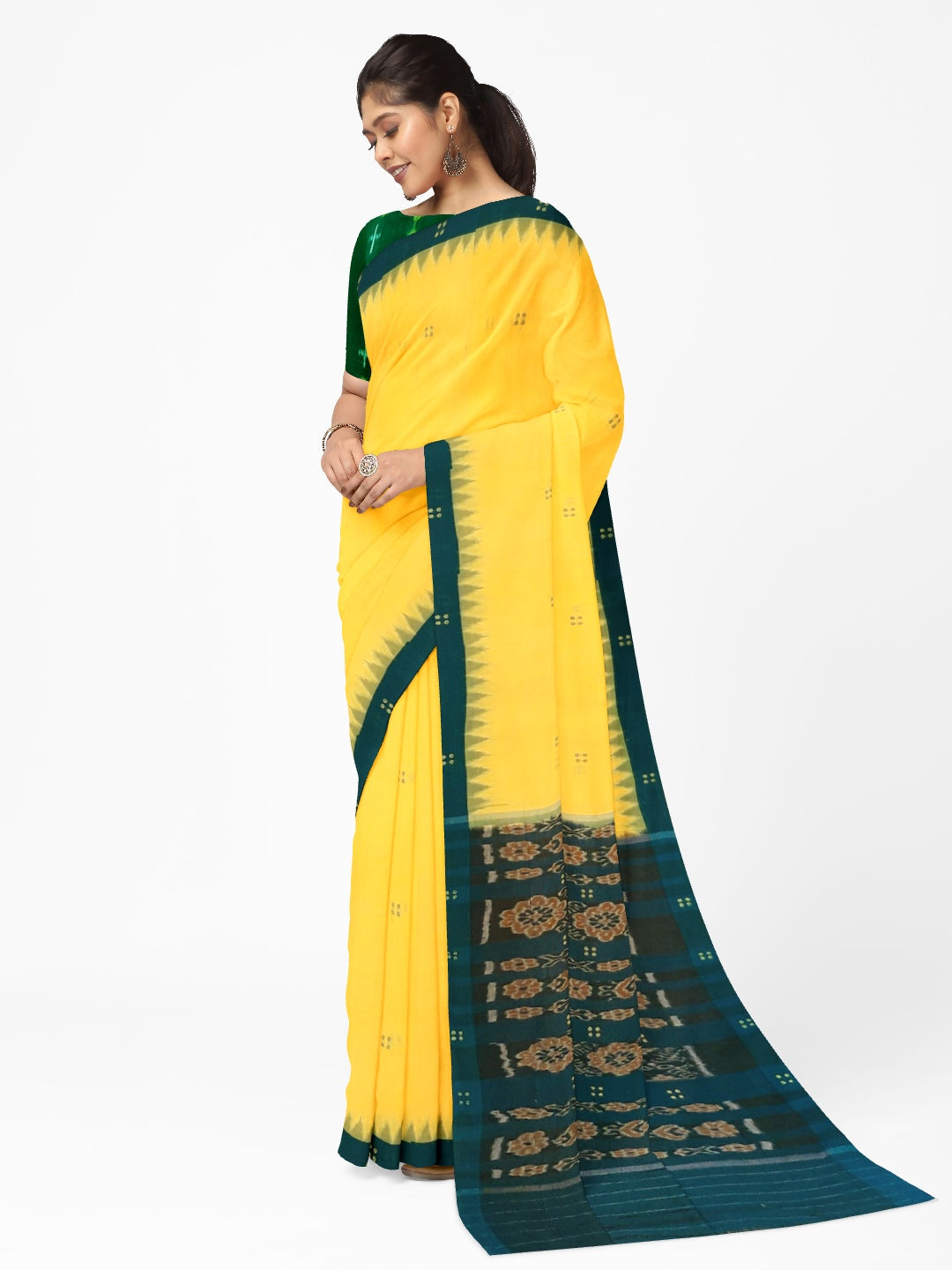 Yellow with Green coloured Odisha Ikat saree  with cotton ikat blouse piece