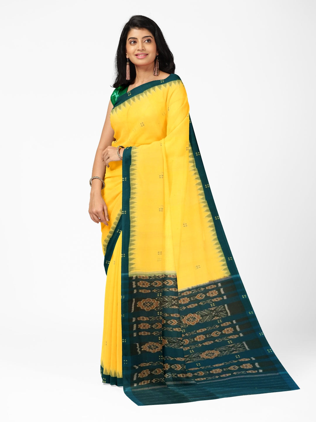 Yellow with Green coloured Odisha Ikat saree  with cotton ikat blouse piece