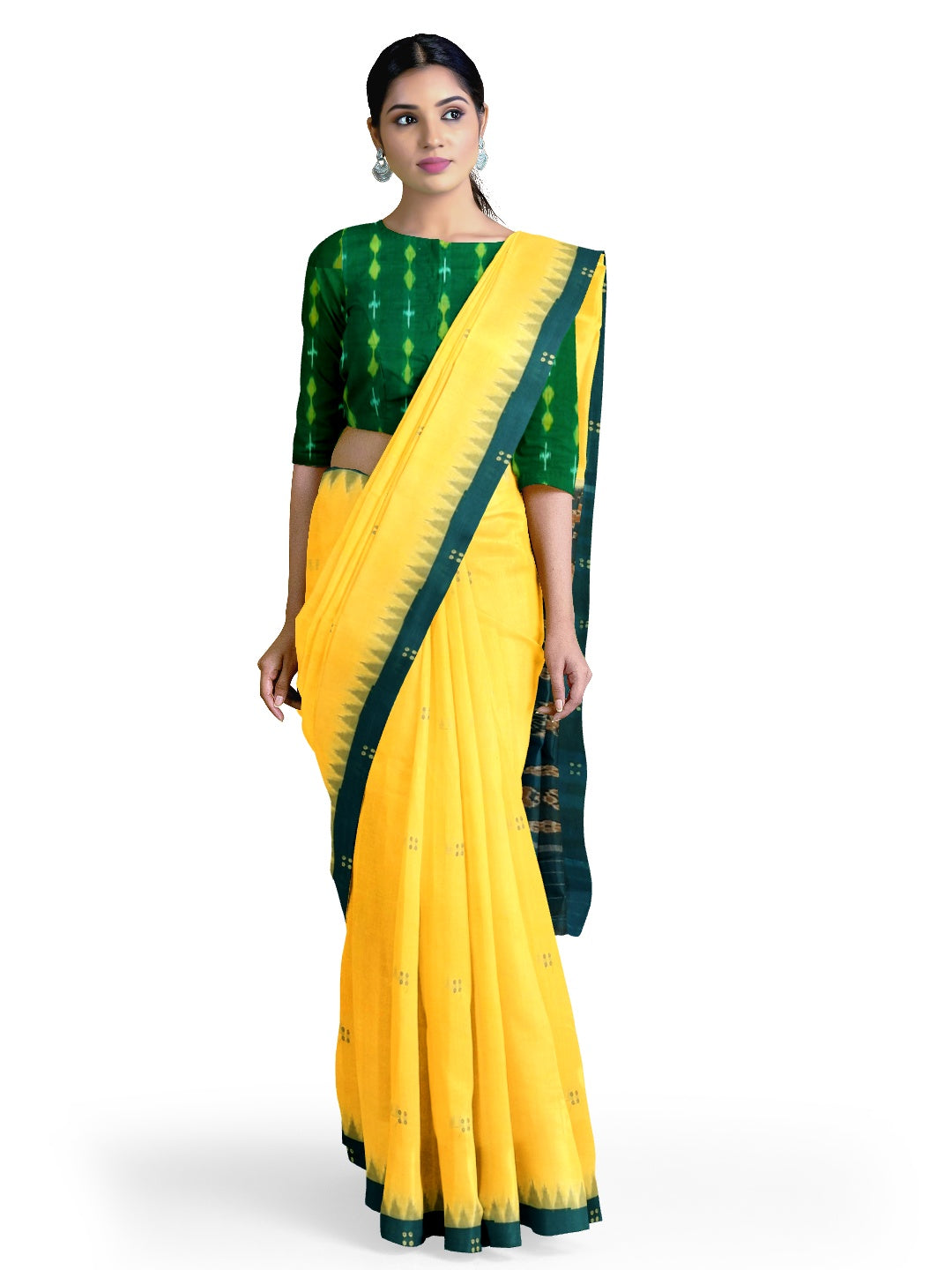 Yellow with Green coloured Odisha Ikat saree  with cotton ikat blouse piece