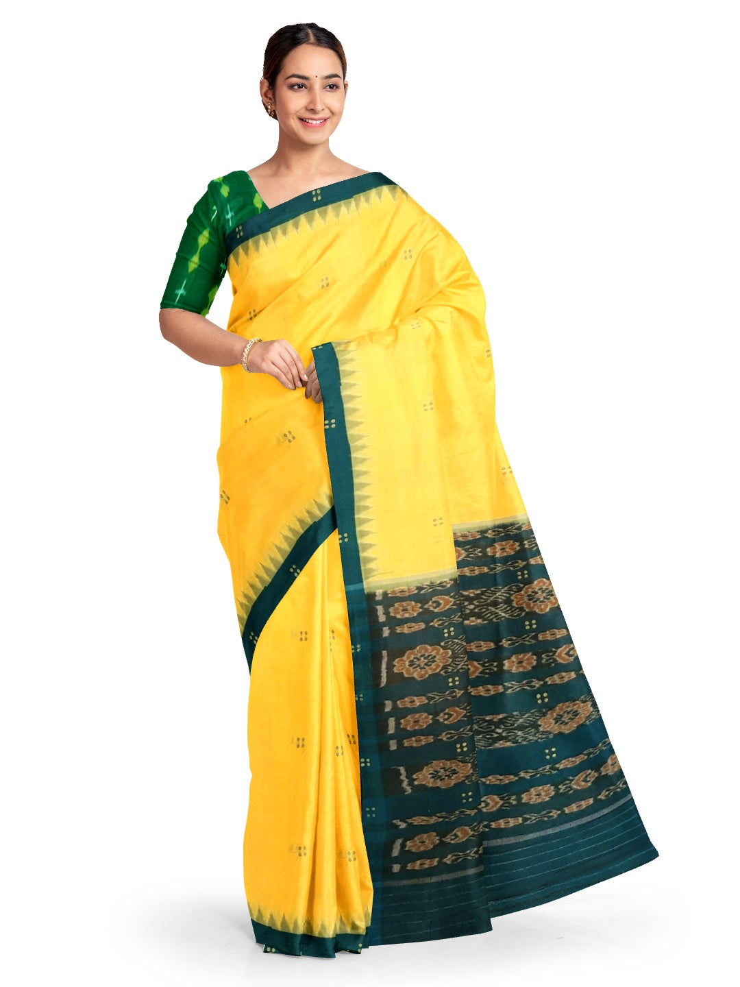 Yellow with Green coloured Odisha Ikat saree  with cotton ikat blouse piece