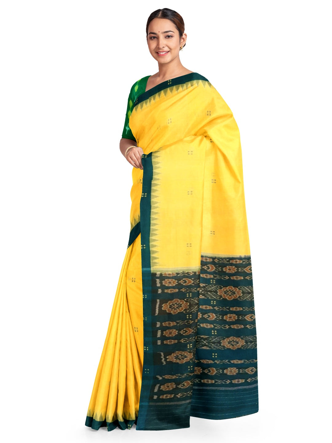 Yellow with Green coloured Odisha Ikat saree  with cotton ikat blouse piece