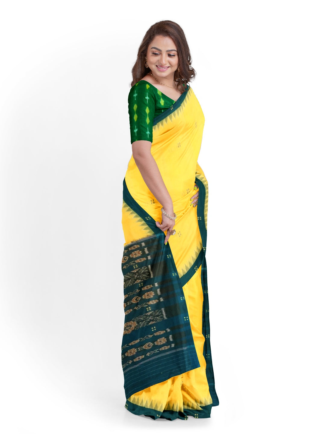 Yellow with Green coloured Odisha Ikat saree  with cotton ikat blouse piece