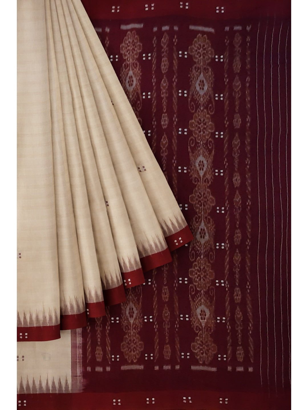 Beige with Maroon Odisha Ikat saree  with cotton ikat blouse piece