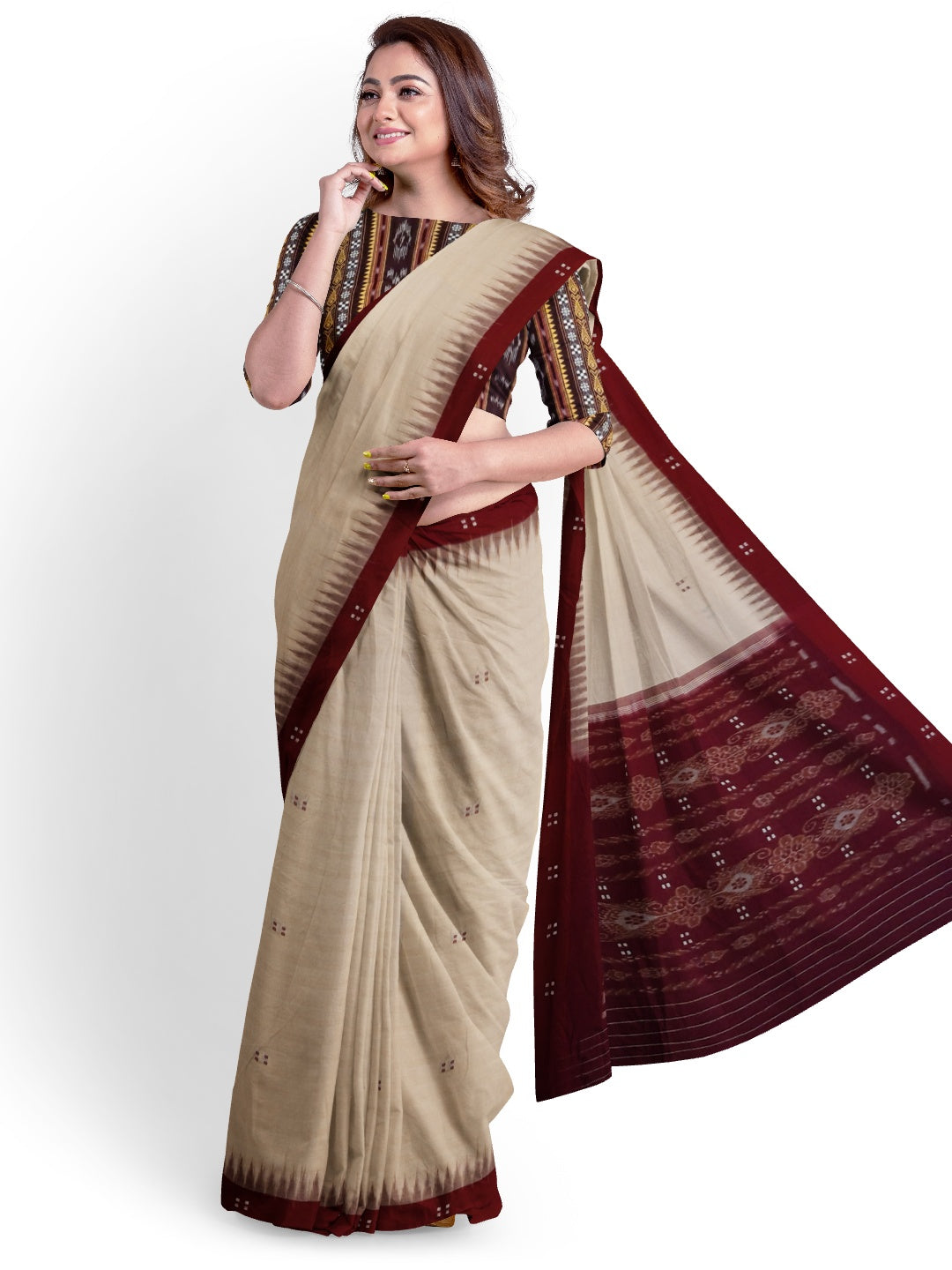 Beige with Maroon Odisha Ikat saree  with cotton ikat blouse piece