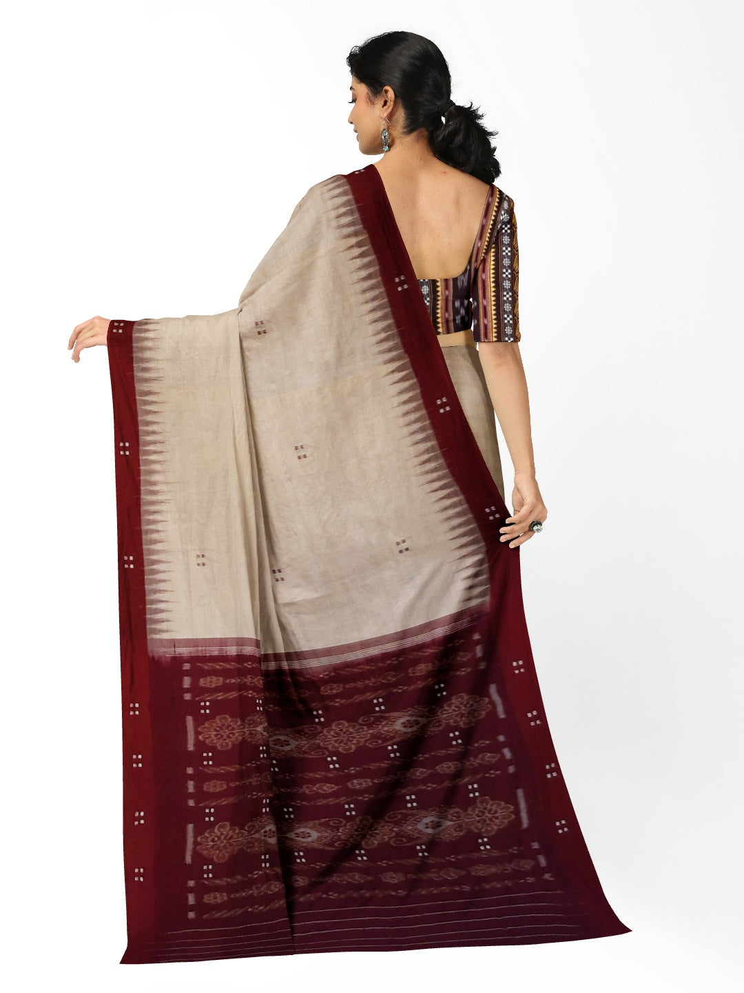 Beige with Maroon Odisha Ikat saree  with cotton ikat blouse piece