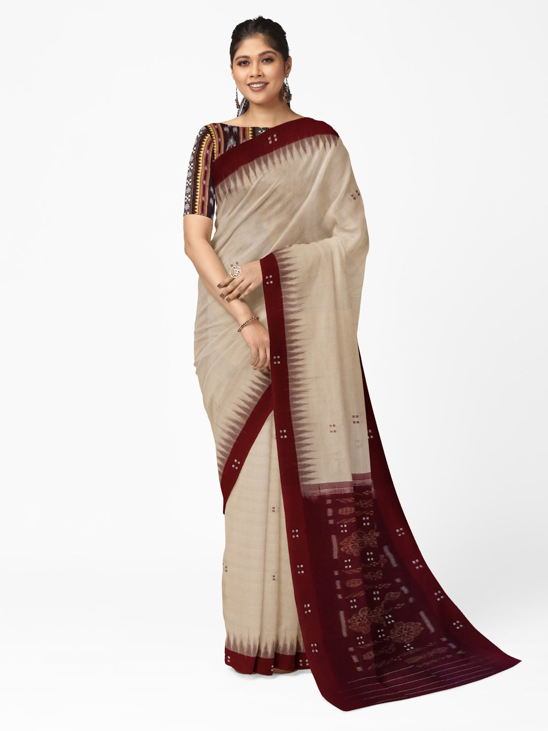 Beige with Maroon Odisha Ikat saree  with cotton ikat blouse piece
