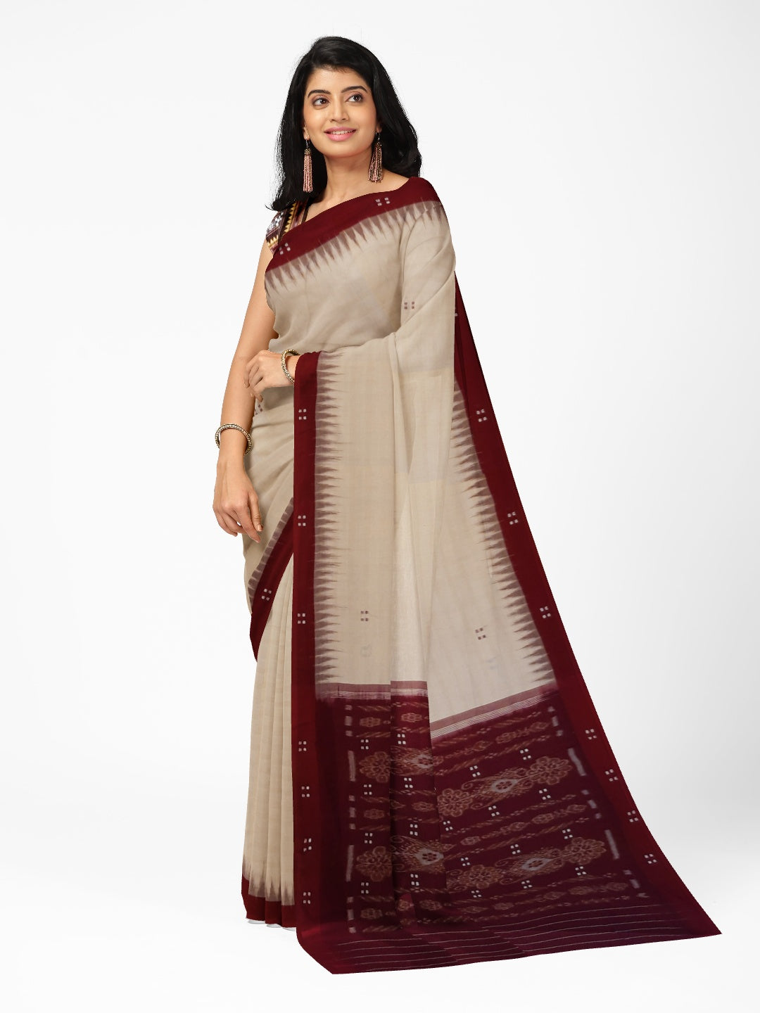 Beige with Maroon Odisha Ikat saree  with cotton ikat blouse piece