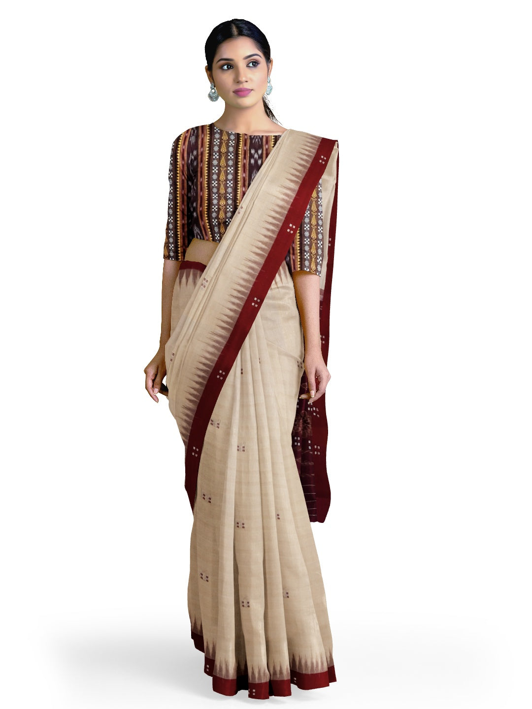 Beige with Maroon Odisha Ikat saree  with cotton ikat blouse piece