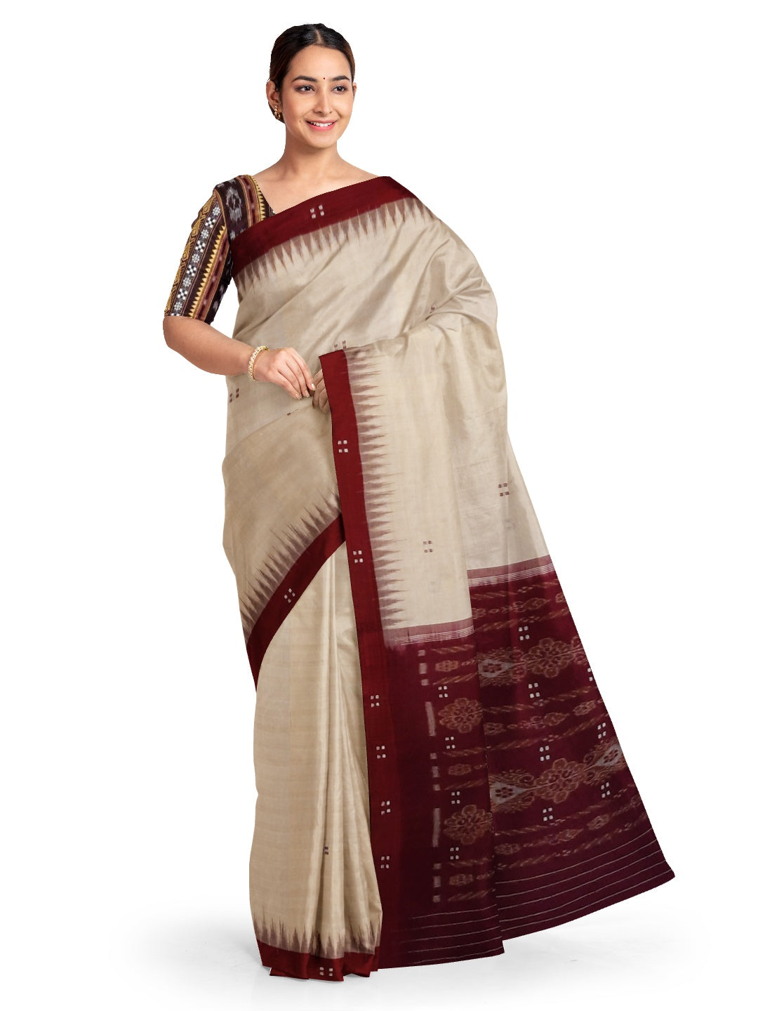 Beige with Maroon Odisha Ikat saree  with cotton ikat blouse piece