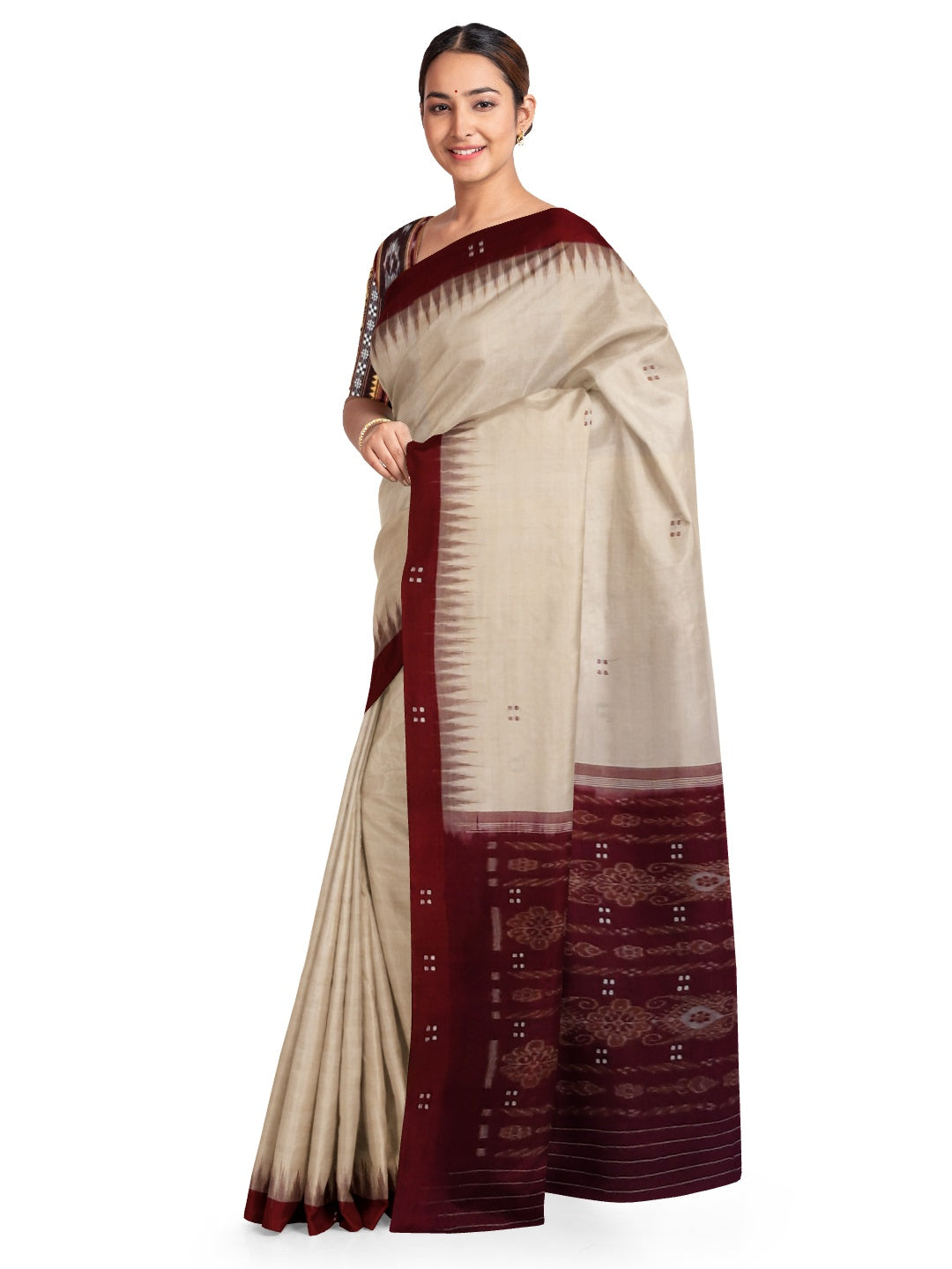 Beige with Maroon Odisha Ikat saree  with cotton ikat blouse piece