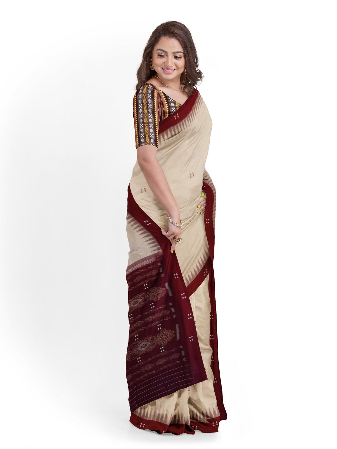 Beige with Maroon Odisha Ikat saree  with cotton ikat blouse piece