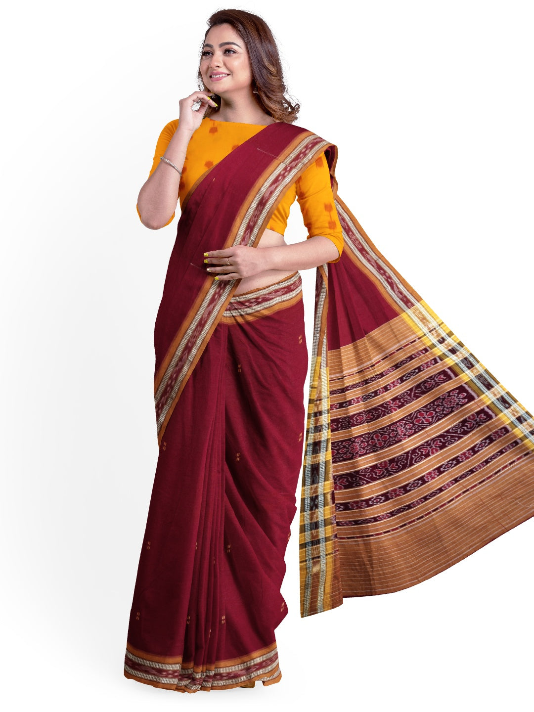 Maroon Cotton Odisha Ikat saree  with mix match cotton ikat blouse