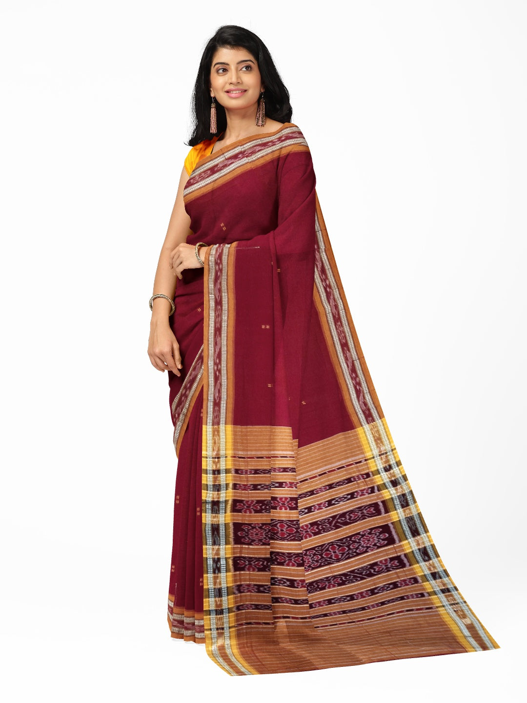 Maroon Cotton Odisha Ikat saree  with mix match cotton ikat blouse