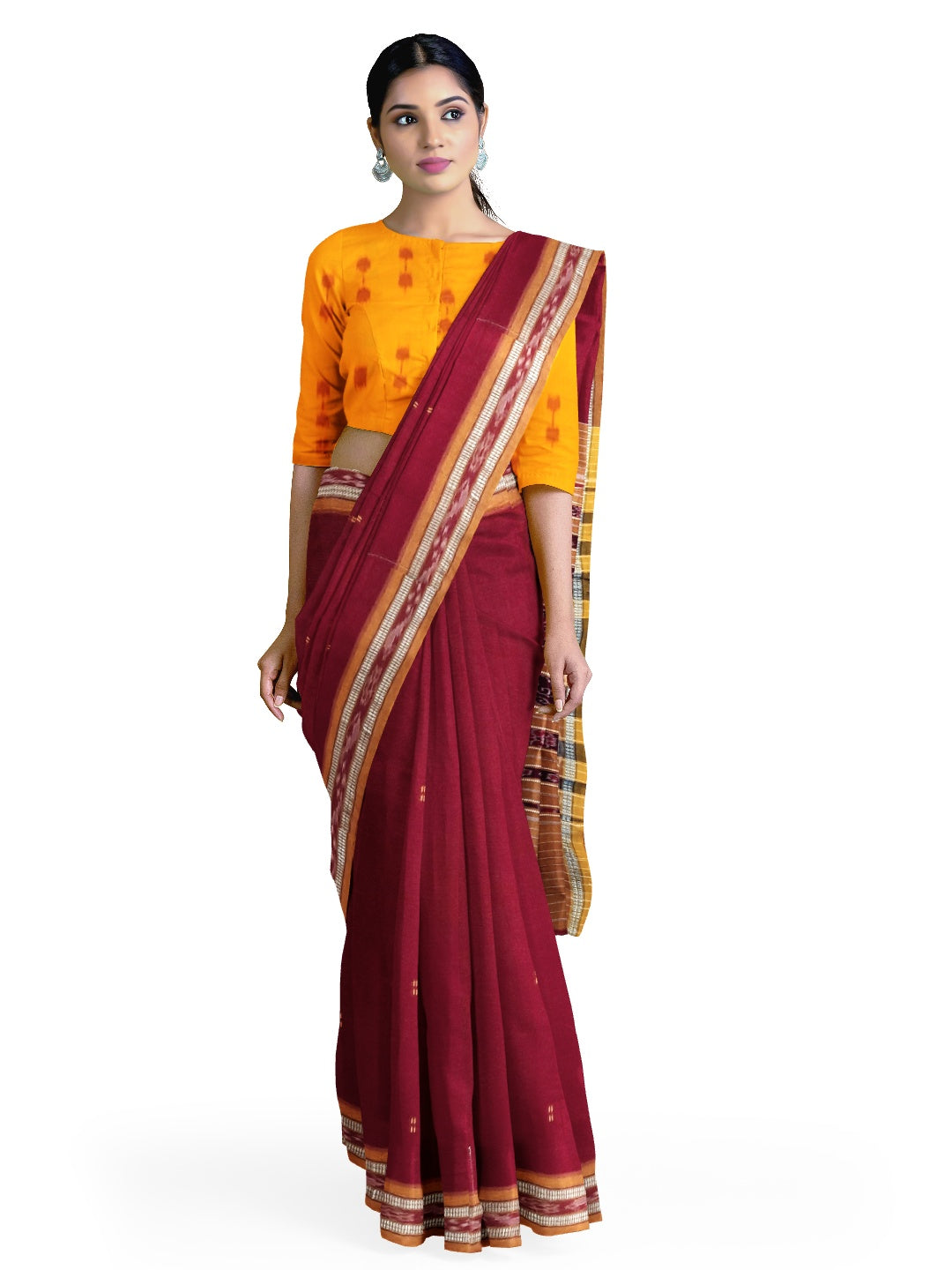 Maroon Cotton Odisha Ikat saree  with mix match cotton ikat blouse