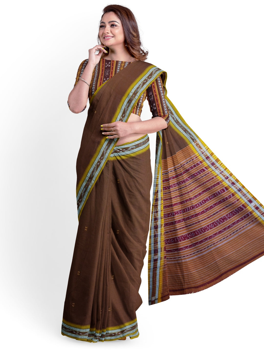 Brown with Golden Odisha Ikat saree  with cotton ikat blouse piece