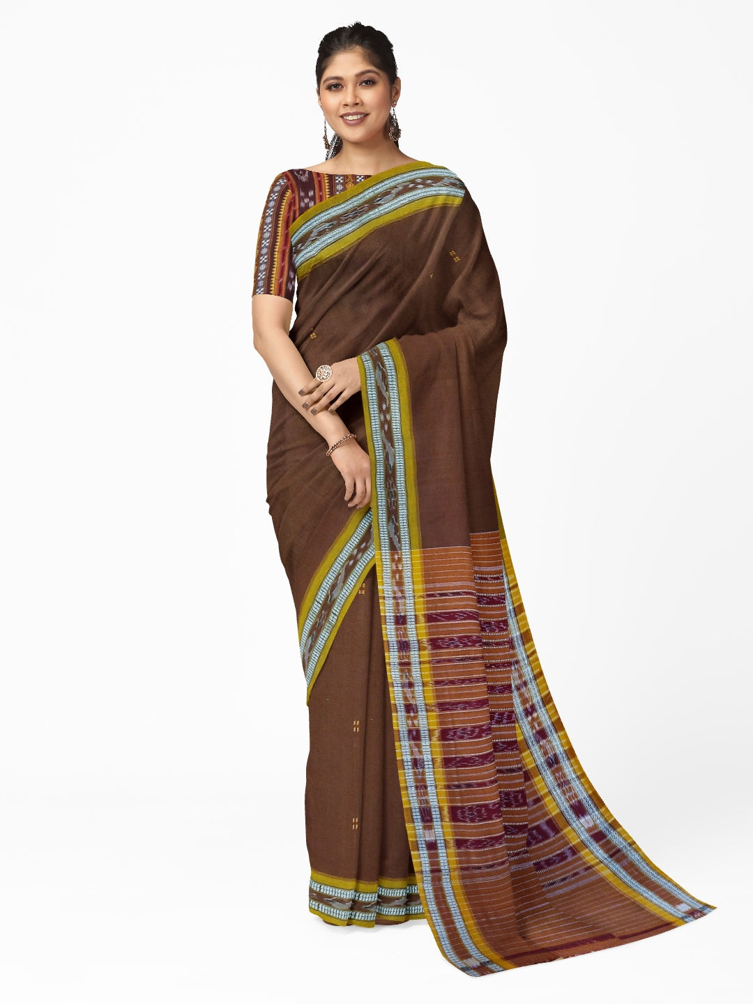 Brown with Golden Odisha Ikat saree  with cotton ikat blouse piece