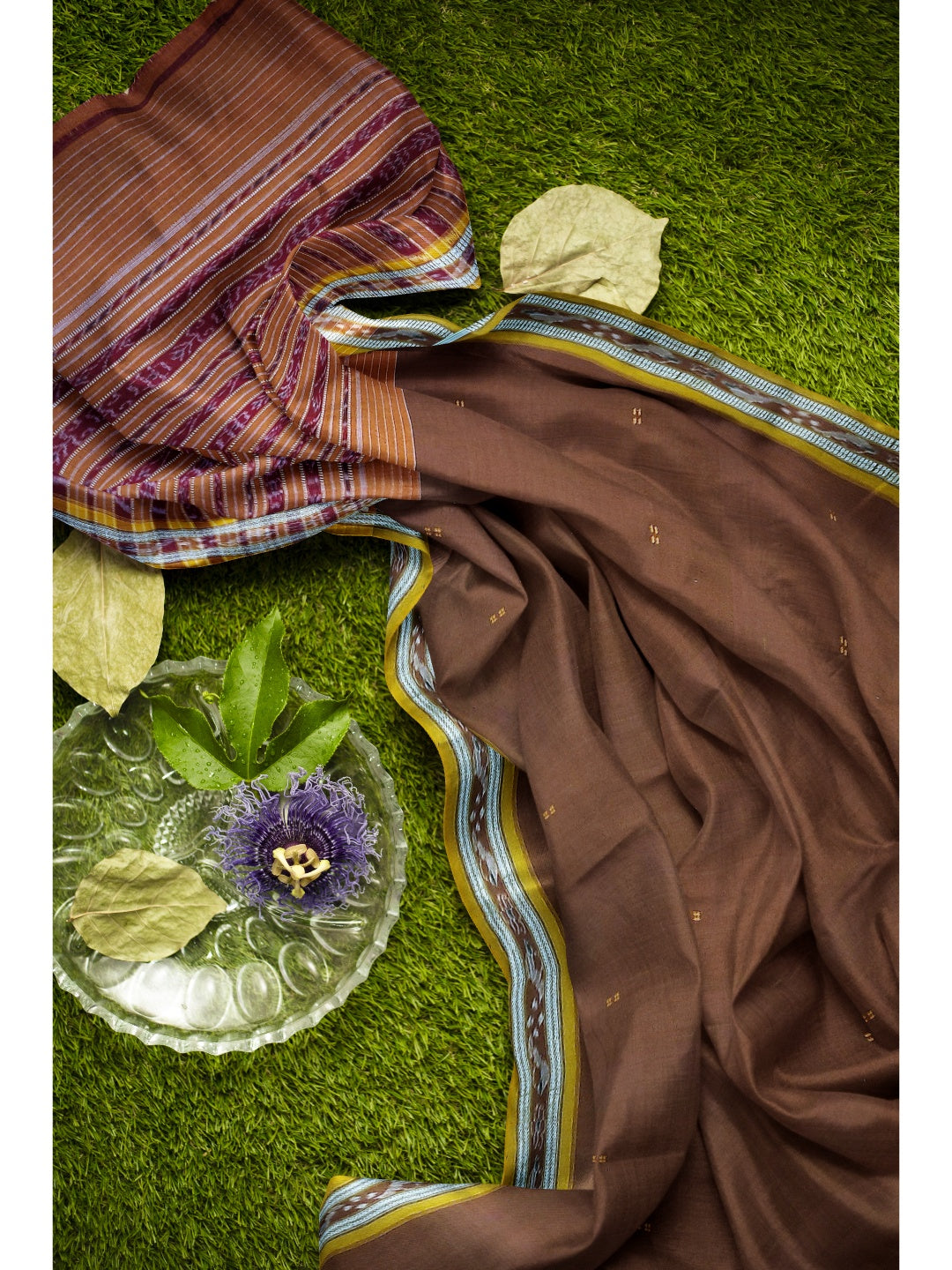 Brown with Golden Odisha Ikat saree  with cotton ikat blouse piece
