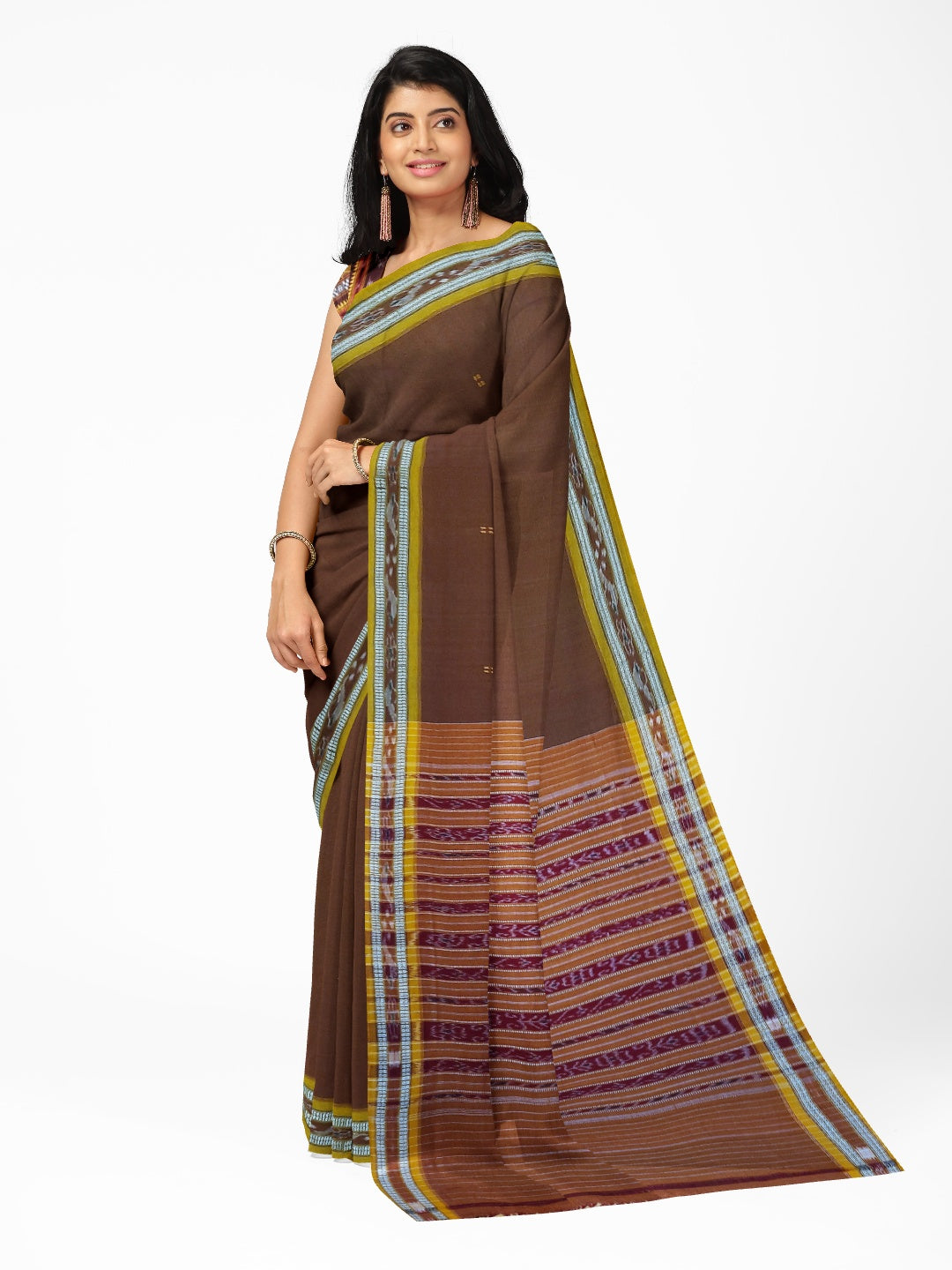 Brown with Golden Odisha Ikat saree  with cotton ikat blouse piece