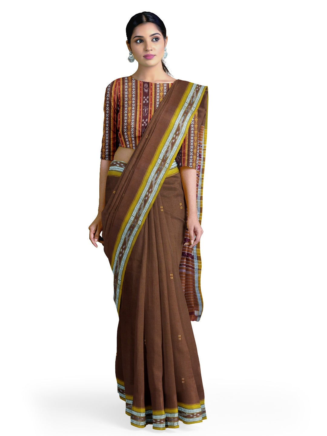 Brown with Golden Odisha Ikat saree  with cotton ikat blouse piece