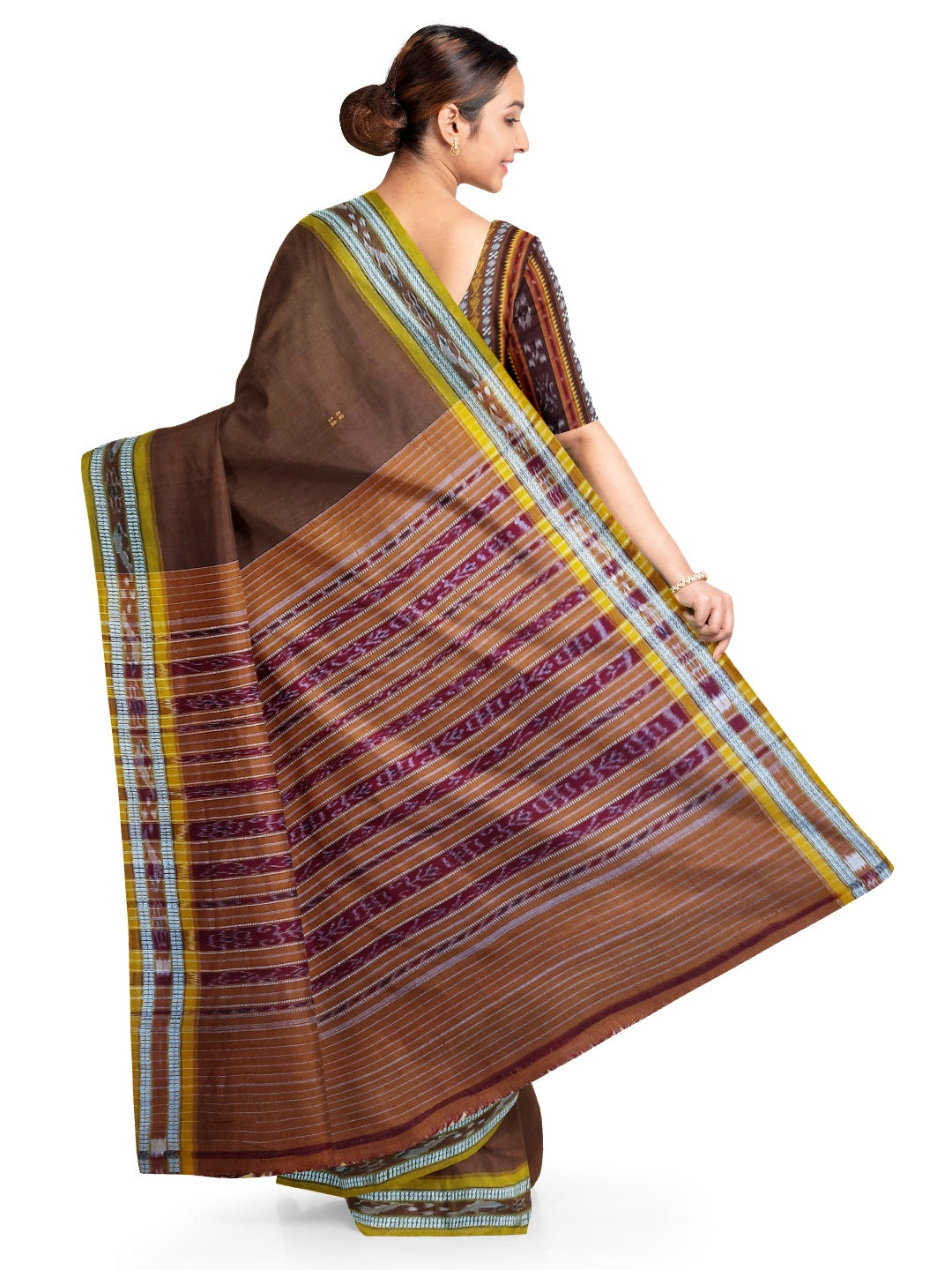 Brown with Golden Odisha Ikat saree  with cotton ikat blouse piece