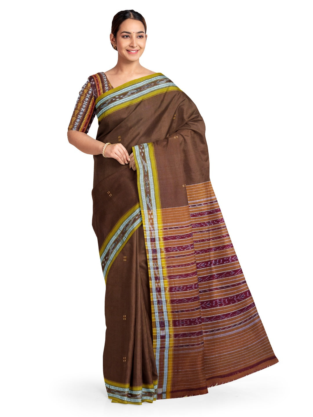 Brown with Golden Odisha Ikat saree  with cotton ikat blouse piece