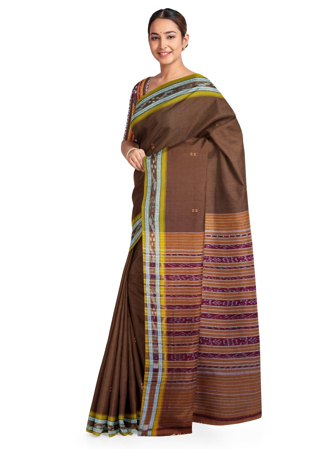Brown with Golden Odisha Ikat saree  with cotton ikat blouse piece