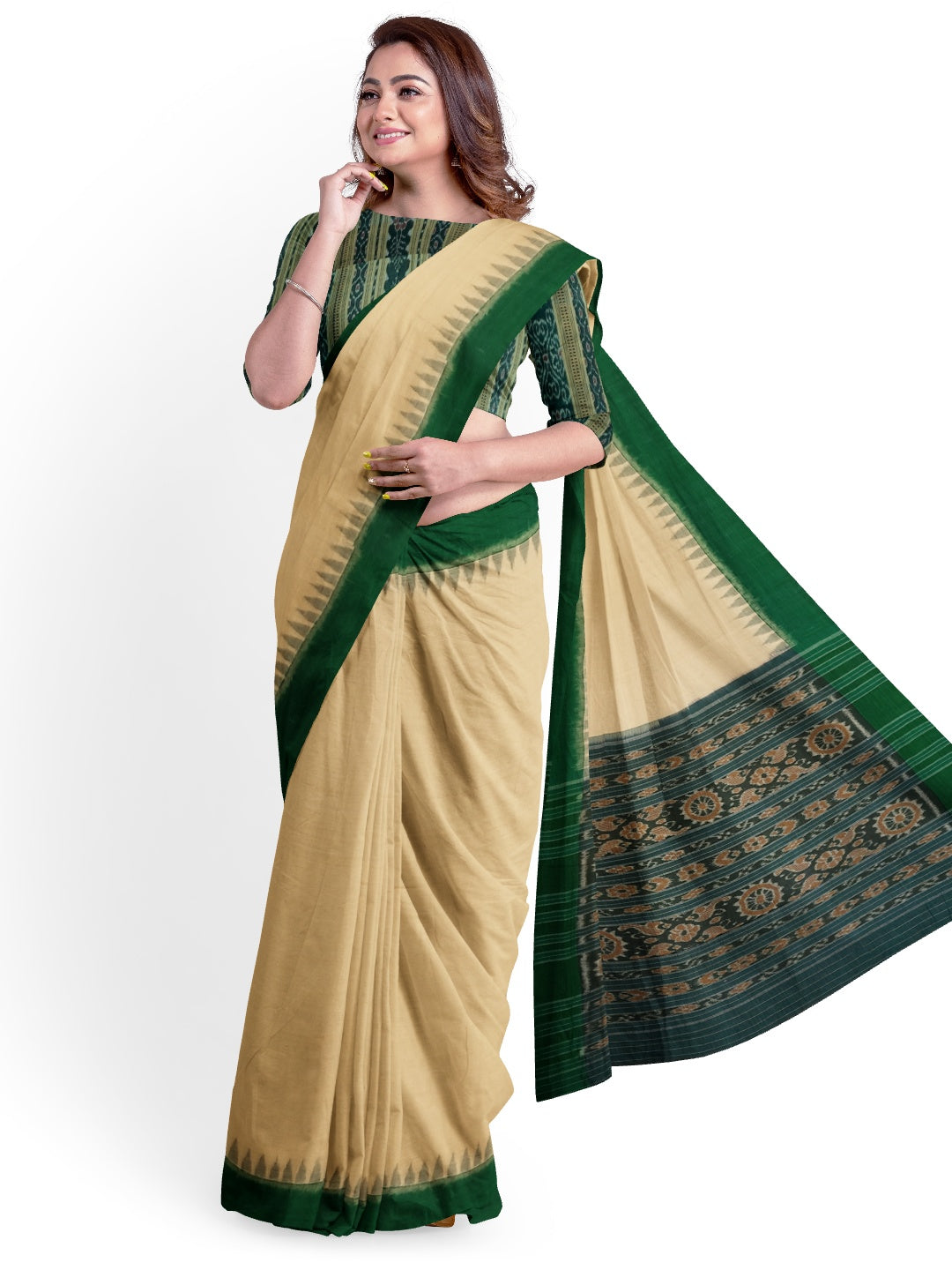 Matha colour with Green Cotton Odisha Ikat saree  with mix match cotton ikat blouse