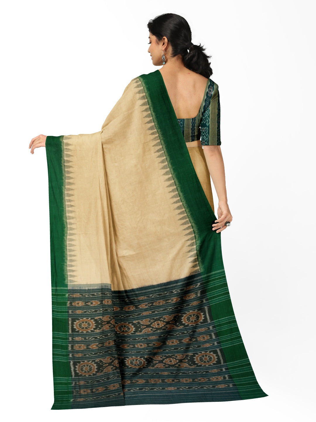 Matha colour with Green Cotton Odisha Ikat saree  with mix match cotton ikat blouse