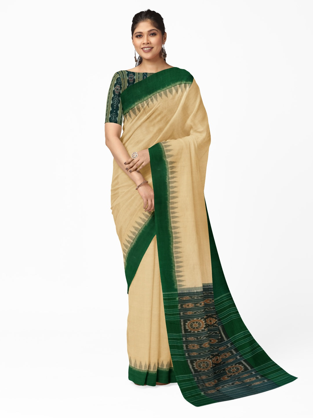 Matha colour with Green Cotton Odisha Ikat saree  with mix match cotton ikat blouse