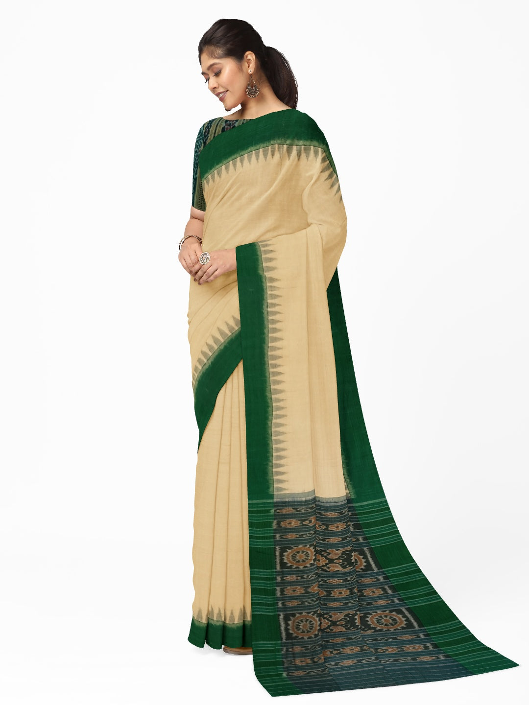 Matha colour with Green Cotton Odisha Ikat saree  with mix match cotton ikat blouse