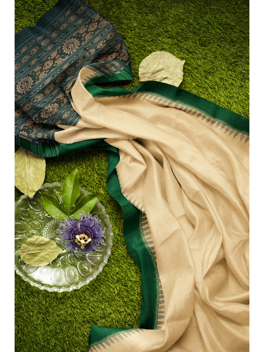 Matha colour with Green Cotton Odisha Ikat saree  with mix match cotton ikat blouse