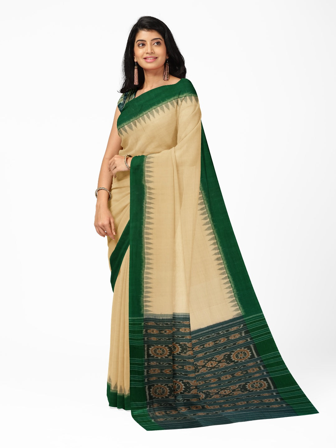 Matha colour with Green Cotton Odisha Ikat saree  with mix match cotton ikat blouse