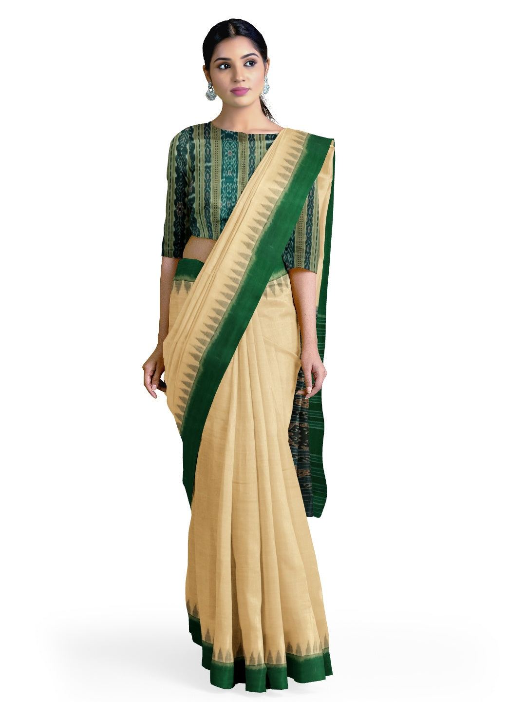 Matha colour with Green Cotton Odisha Ikat saree  with mix match cotton ikat blouse