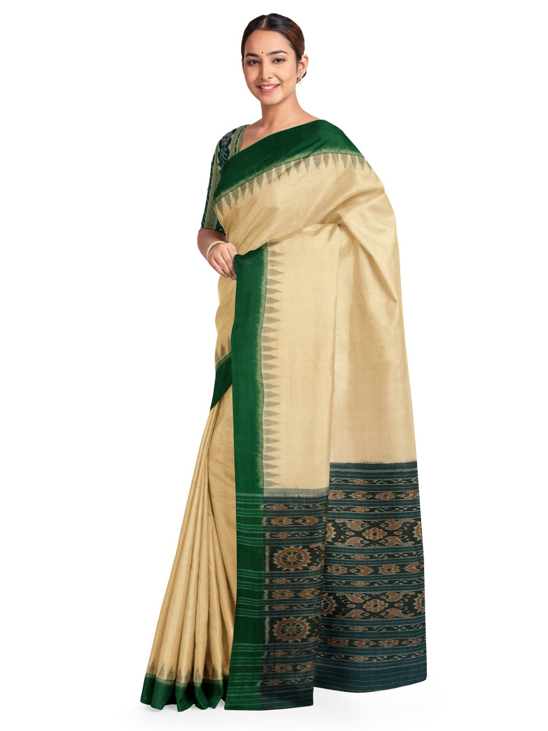 Matha colour with Green Cotton Odisha Ikat saree  with mix match cotton ikat blouse