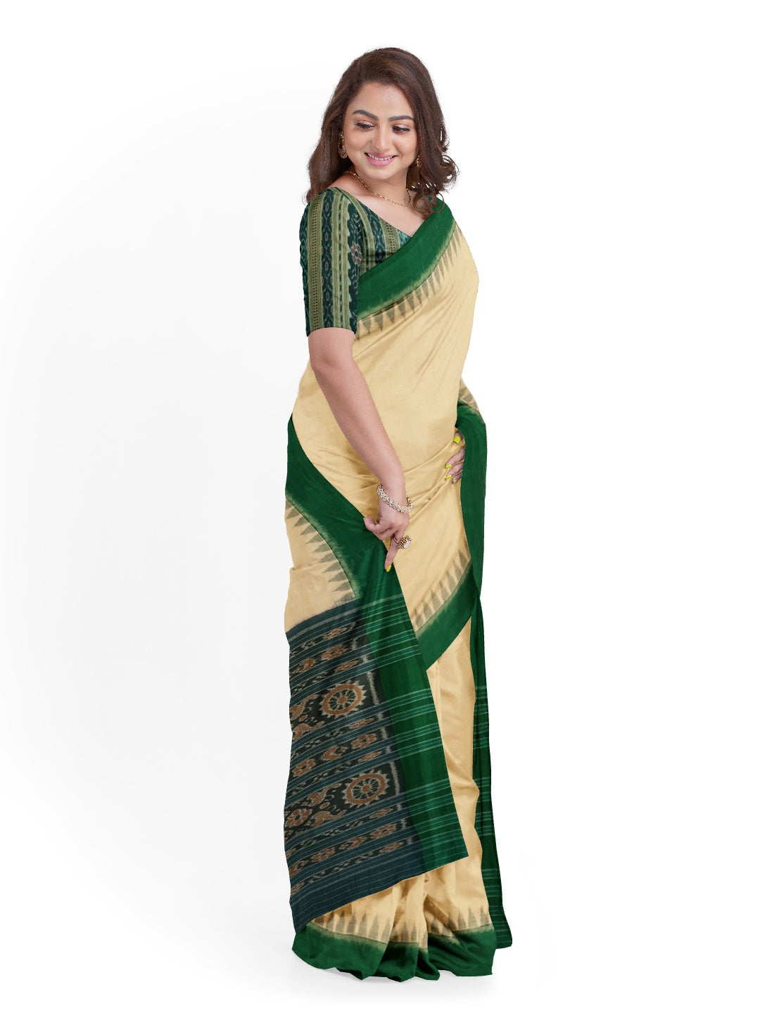 Matha colour with Green Cotton Odisha Ikat saree  with mix match cotton ikat blouse