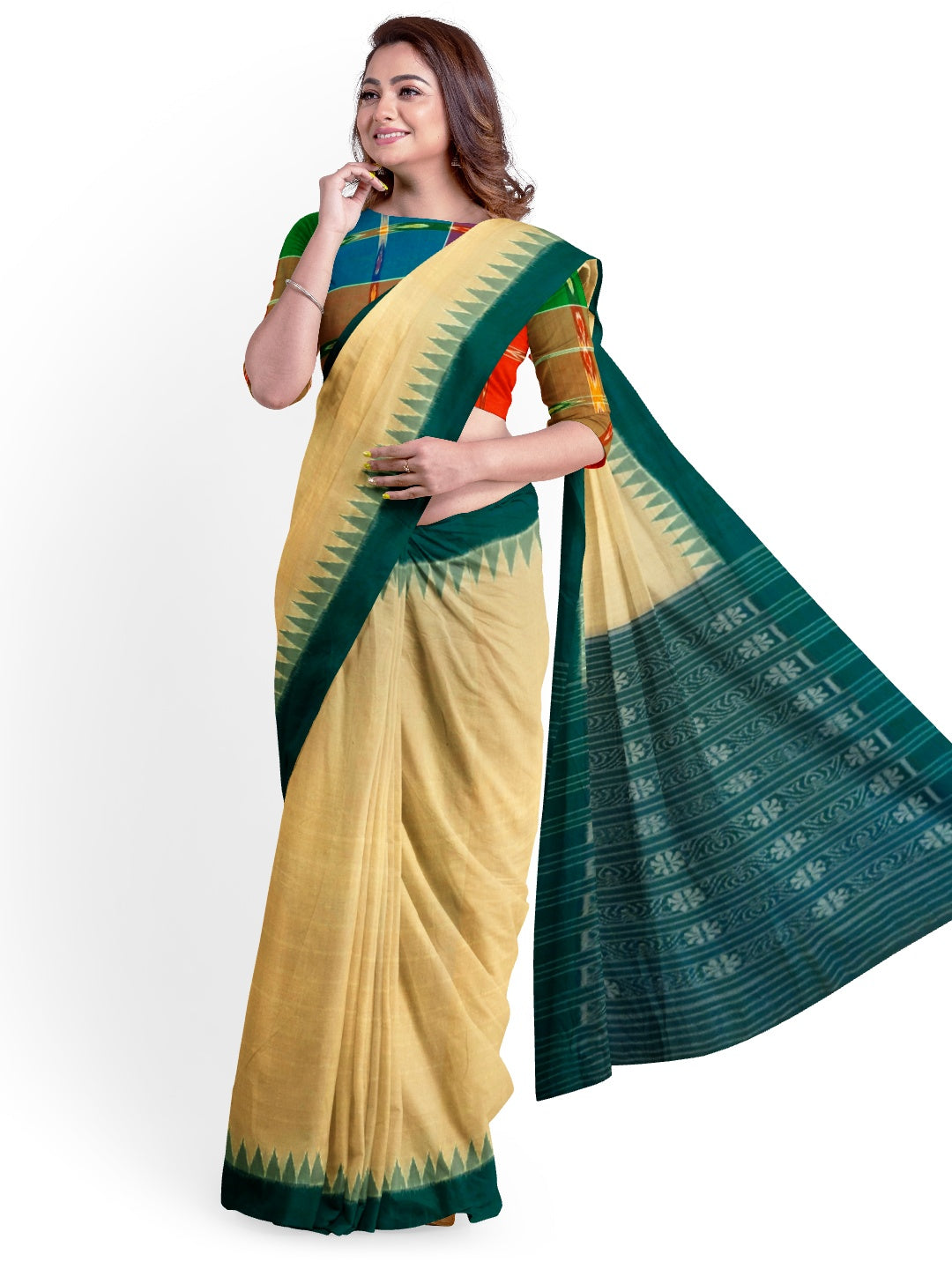 Matha colour with Green Cotton Odisha Ikat saree  with mix match cotton ikat blouse