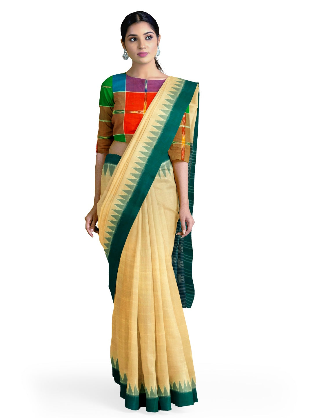 Matha colour with Green Cotton Odisha Ikat saree  with mix match cotton ikat blouse