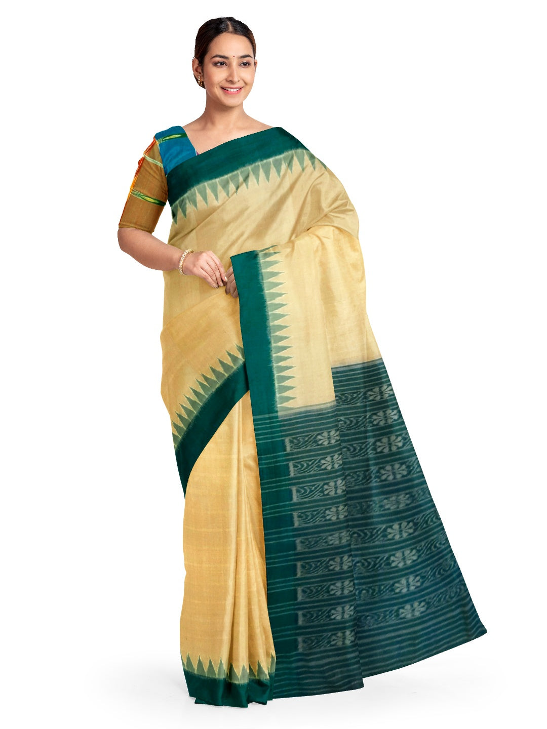 Matha colour with Green Cotton Odisha Ikat saree  with mix match cotton ikat blouse