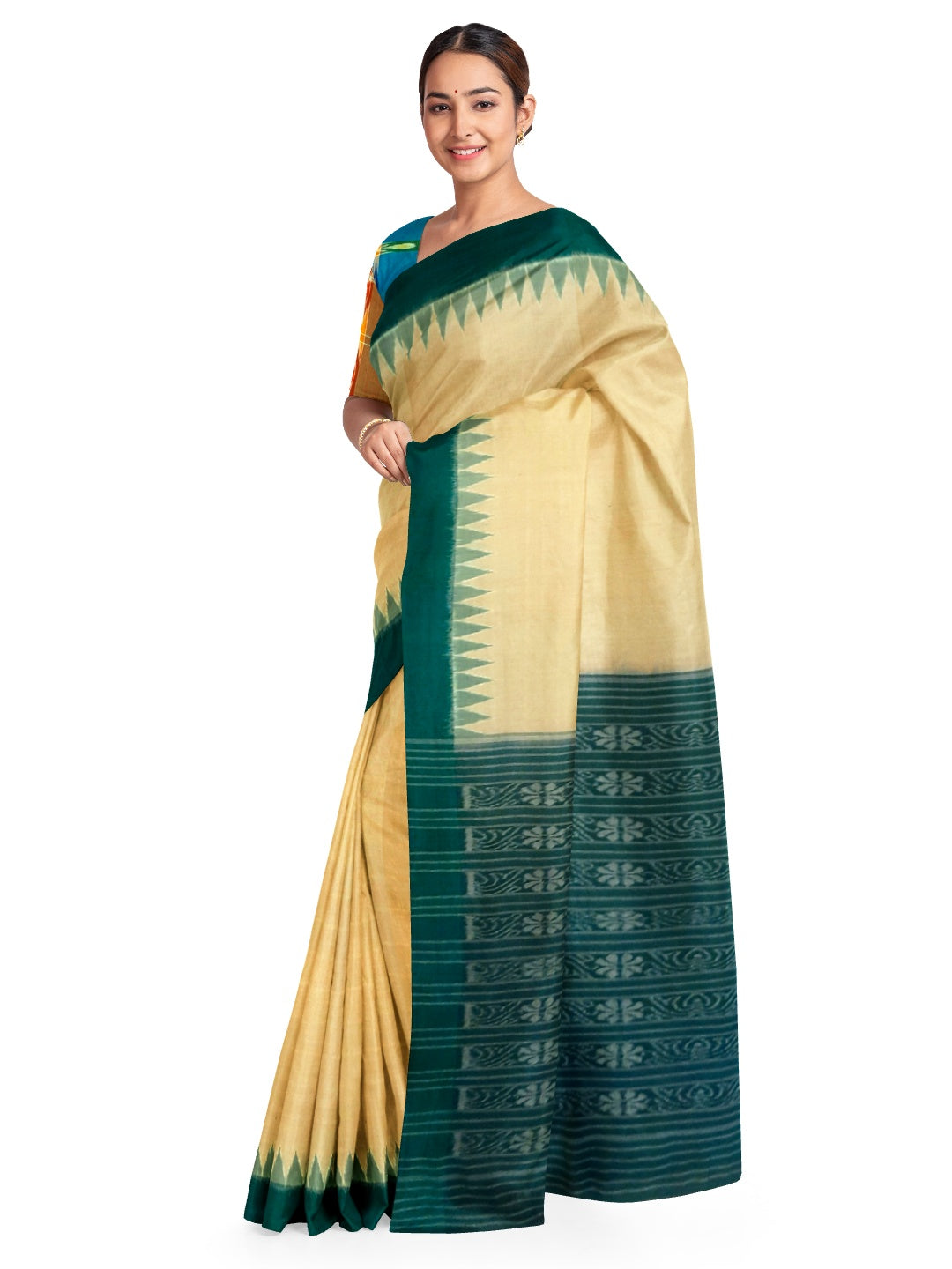 Matha colour with Green Cotton Odisha Ikat saree  with mix match cotton ikat blouse