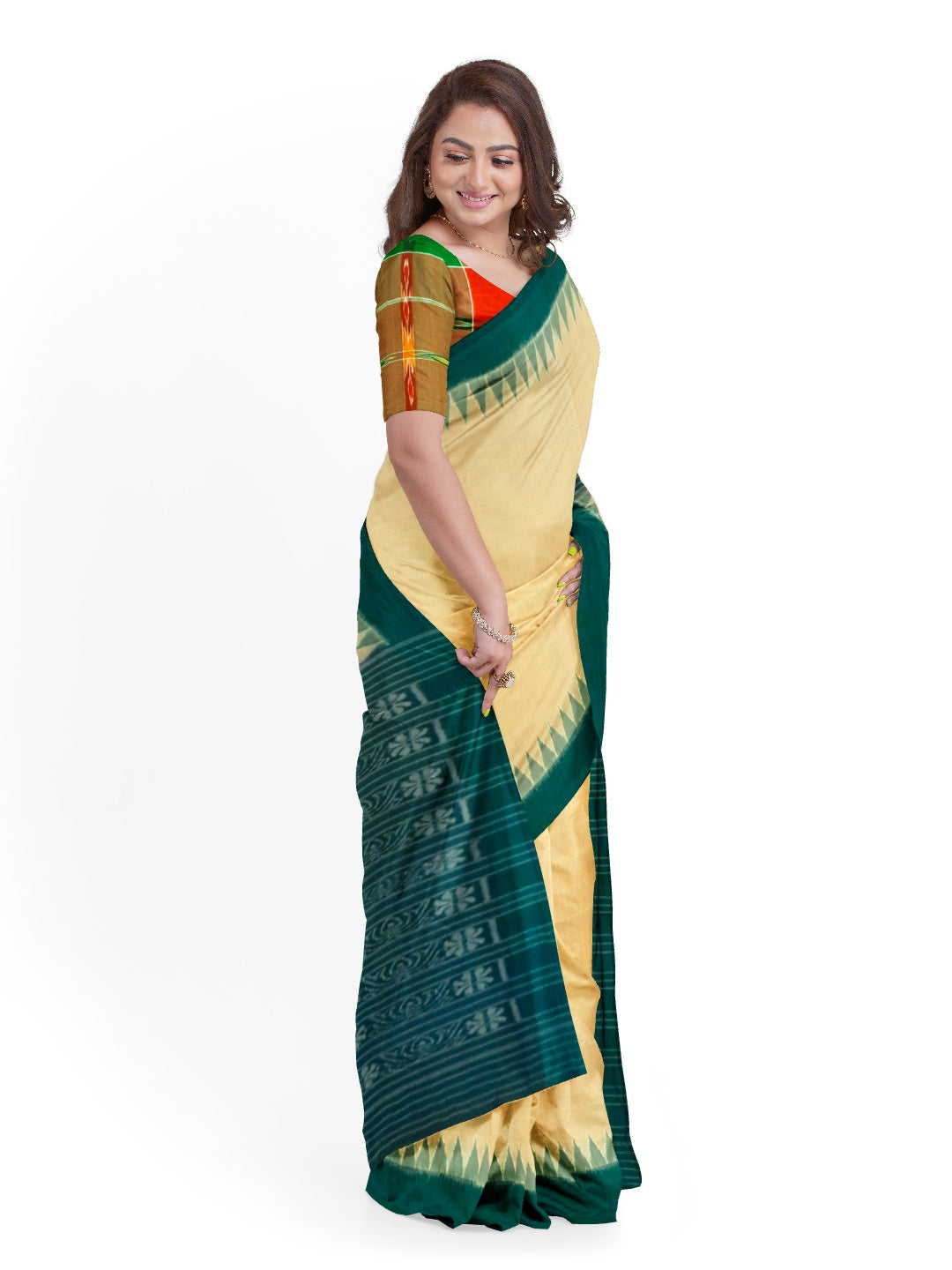 Matha colour with Green Cotton Odisha Ikat saree  with mix match cotton ikat blouse