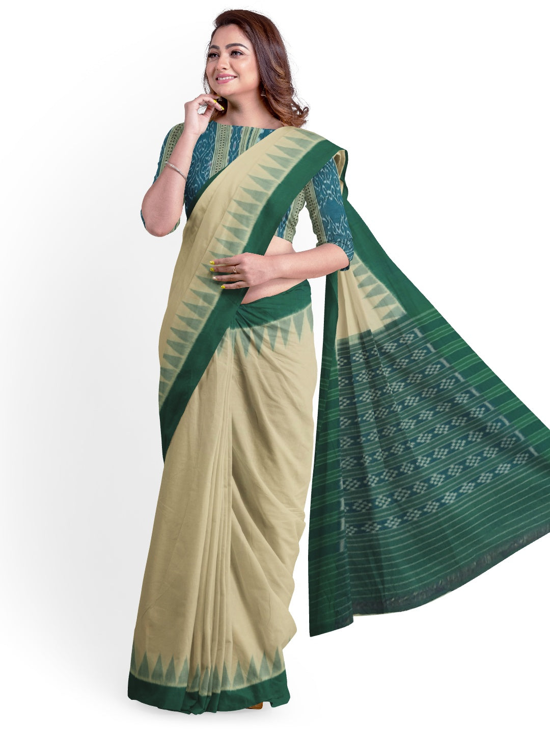 Matha colour with Green Cotton Odisha Ikat saree  with mix match cotton ikat blouse piece