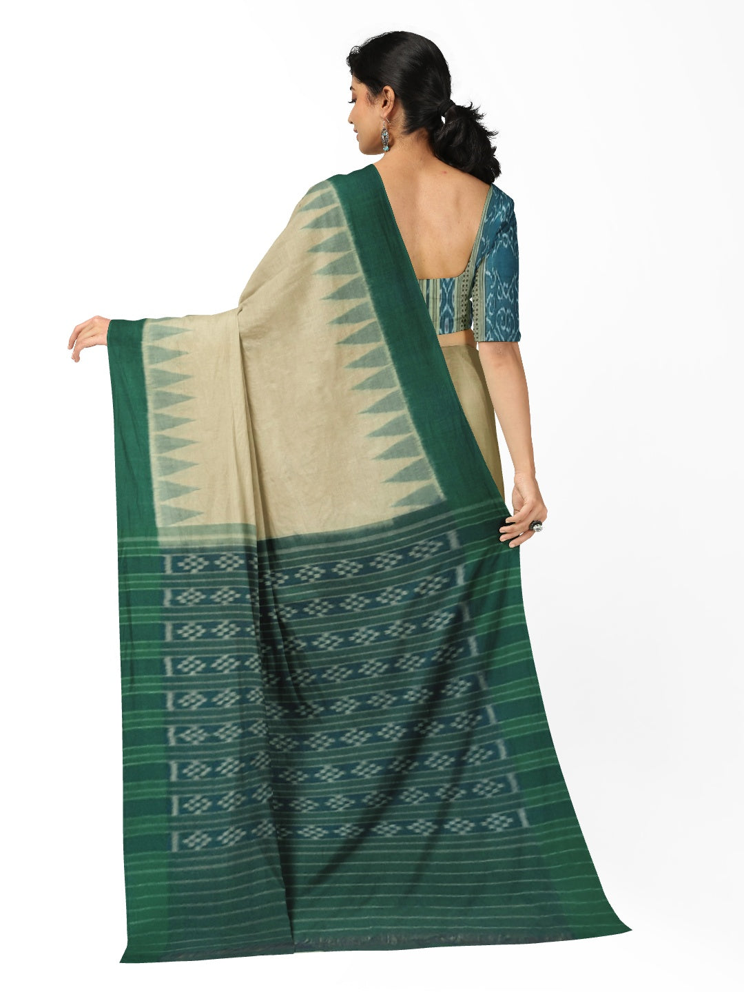 Matha colour with Green Cotton Odisha Ikat saree  with mix match cotton ikat blouse piece