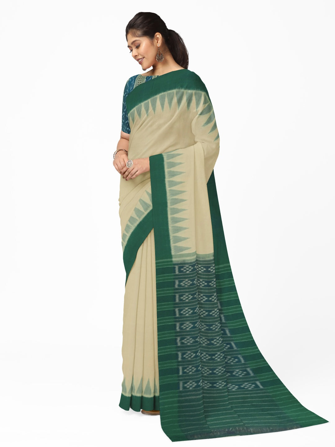Matha colour with Green Cotton Odisha Ikat saree  with mix match cotton ikat blouse piece