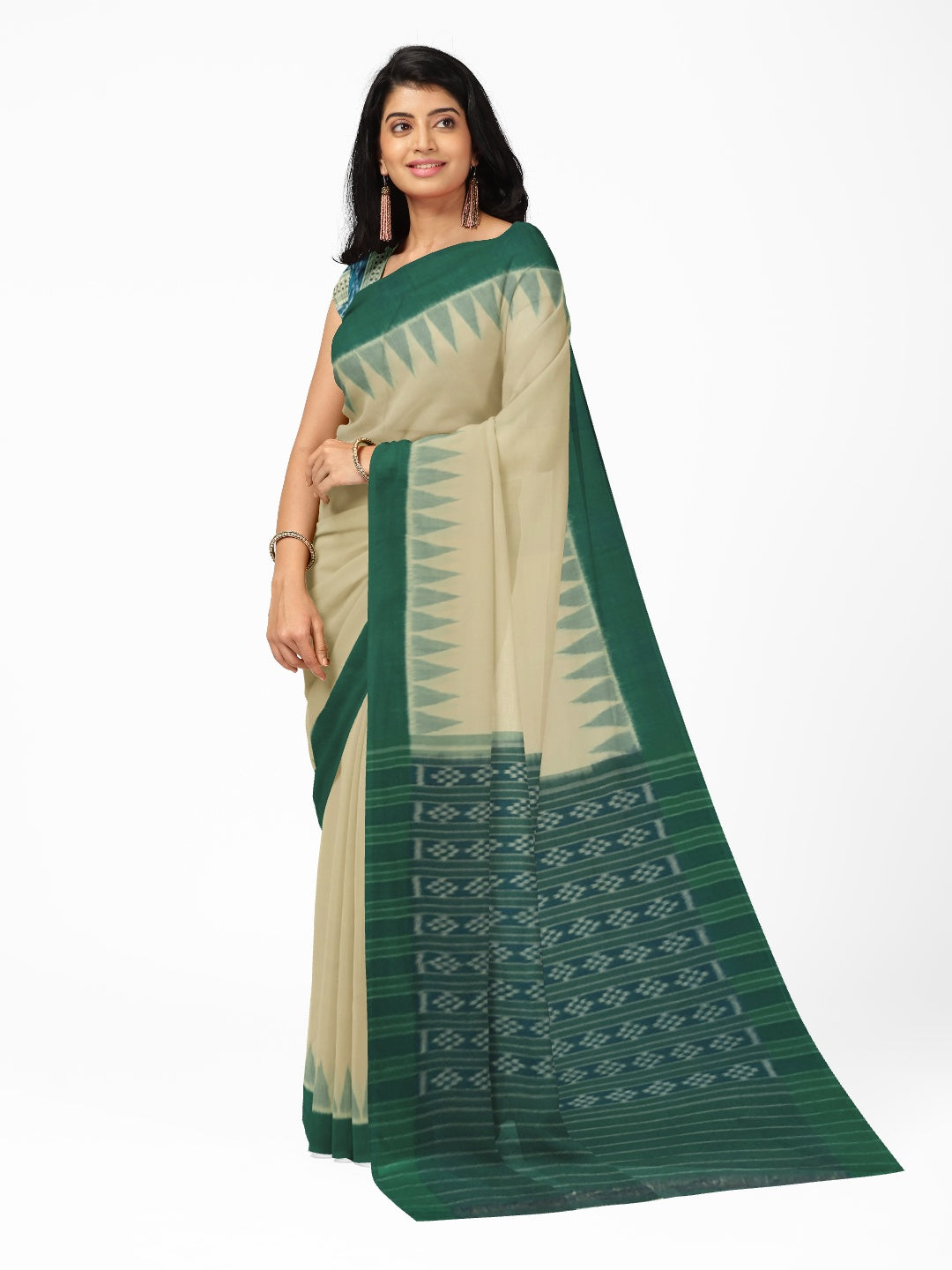 Matha colour with Green Cotton Odisha Ikat saree  with mix match cotton ikat blouse piece
