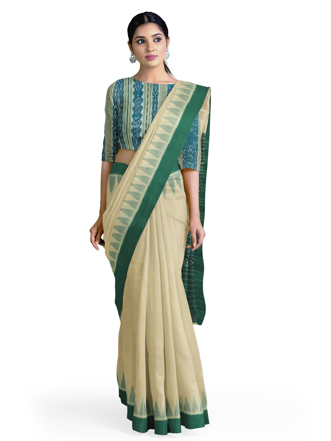 Matha colour with Green Cotton Odisha Ikat saree  with mix match cotton ikat blouse piece