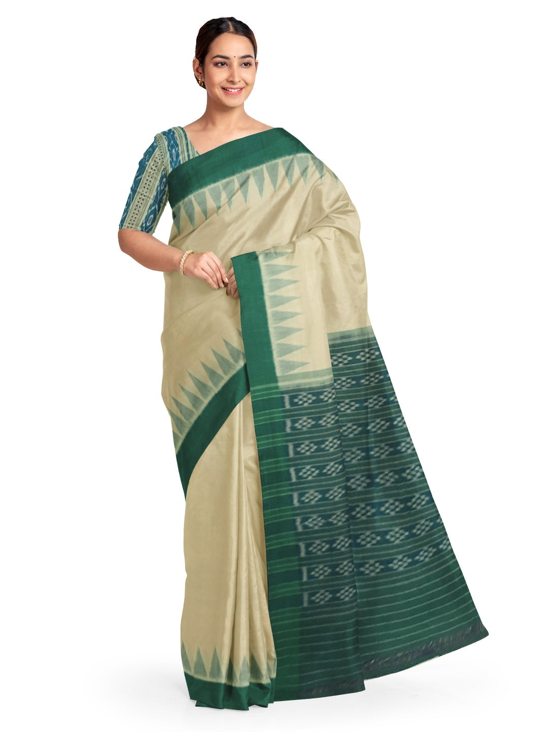 Matha colour with Green Cotton Odisha Ikat saree  with mix match cotton ikat blouse piece
