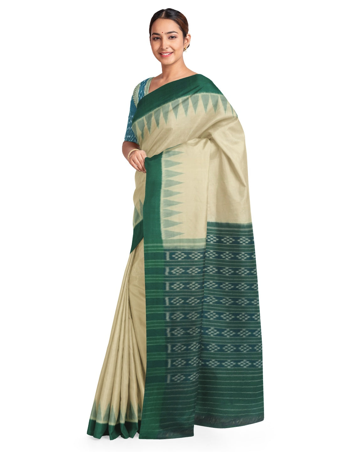 Matha colour with Green Cotton Odisha Ikat saree  with mix match cotton ikat blouse piece