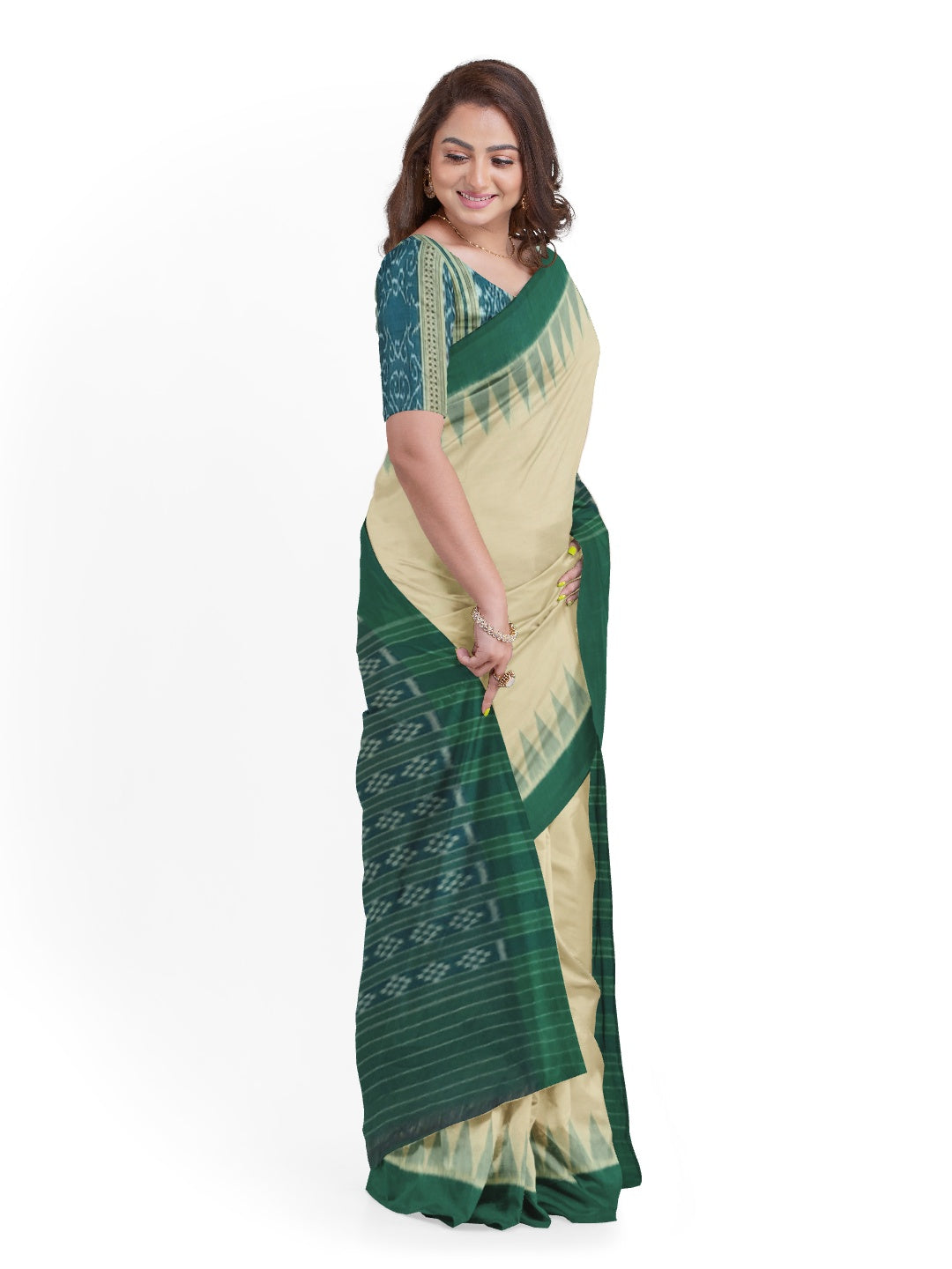 Matha colour with Green Cotton Odisha Ikat saree  with mix match cotton ikat blouse piece
