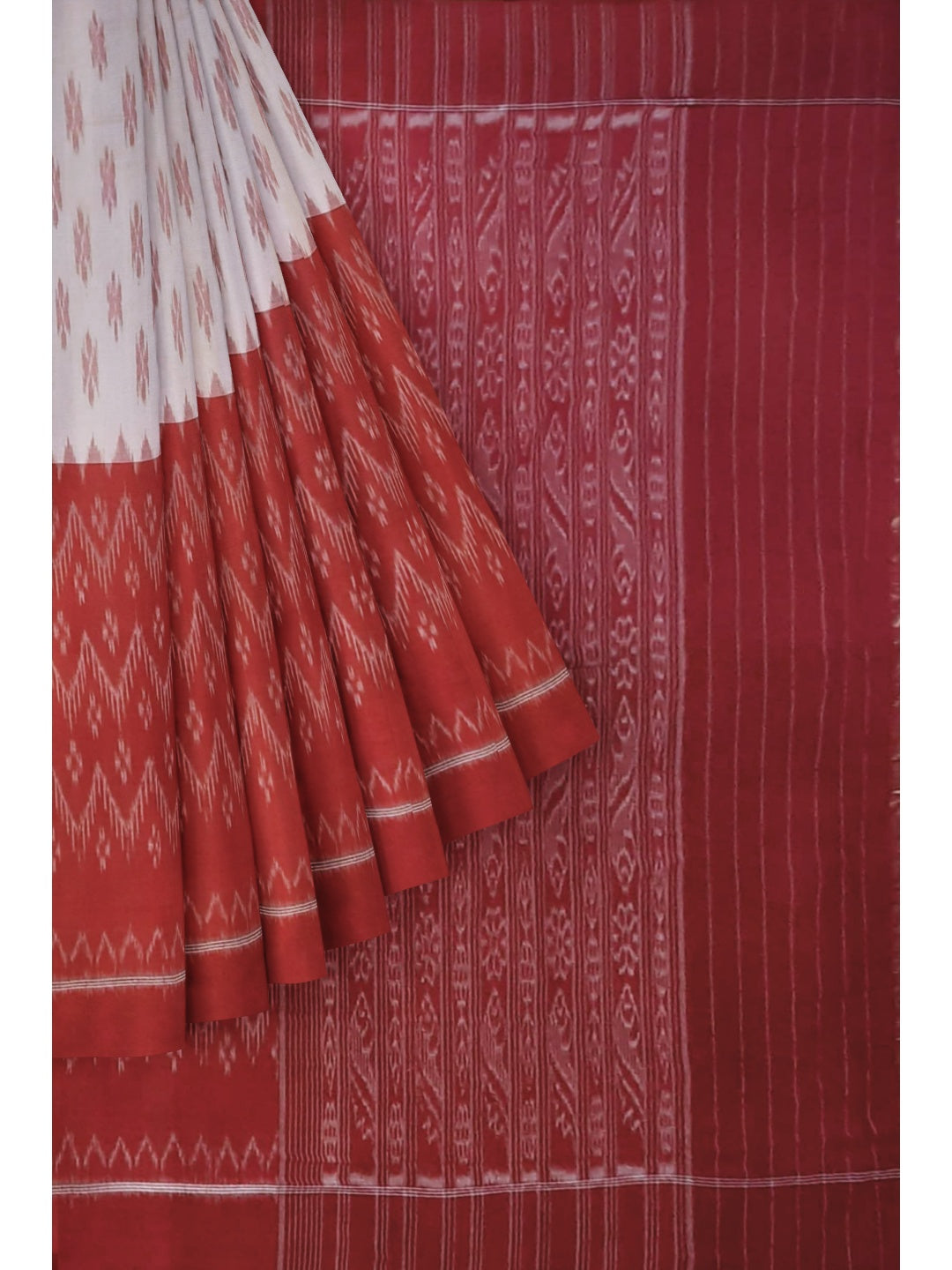 White and Red Cotton Odisha Ikat saree  with mix match cotton ikat blouse